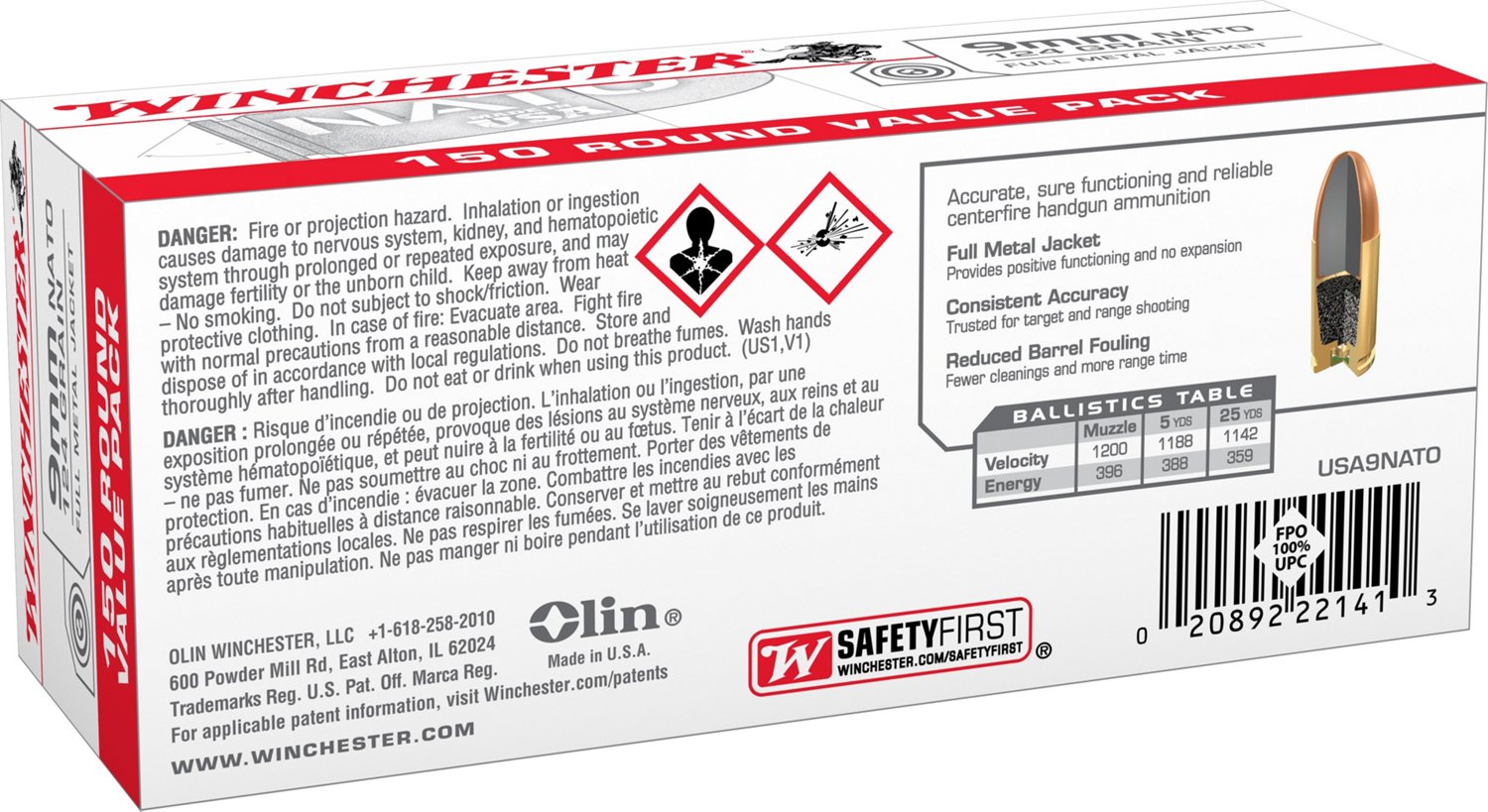 Winchester USA 9mm NATO 124-Grain Handgun Ammunition