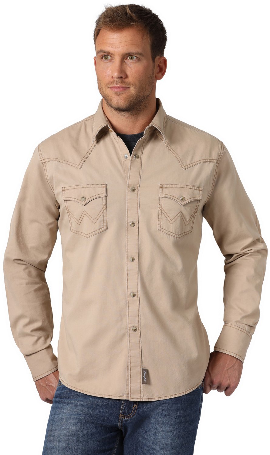 Men's Wrangler Red/Tan Pearl Snap Long Sleeve Shirt