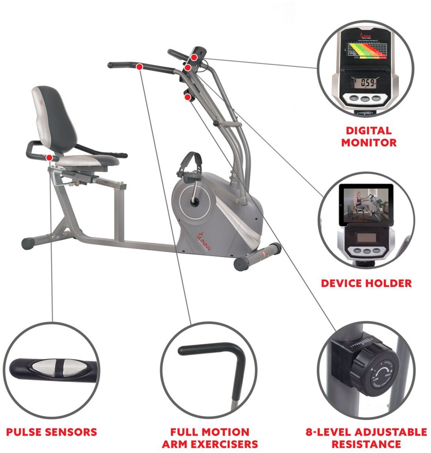 Sunny Health & Fitness Cross Trainer Magnetic Recumbent Bike & Arm Exercisers                                                    - view number 2
