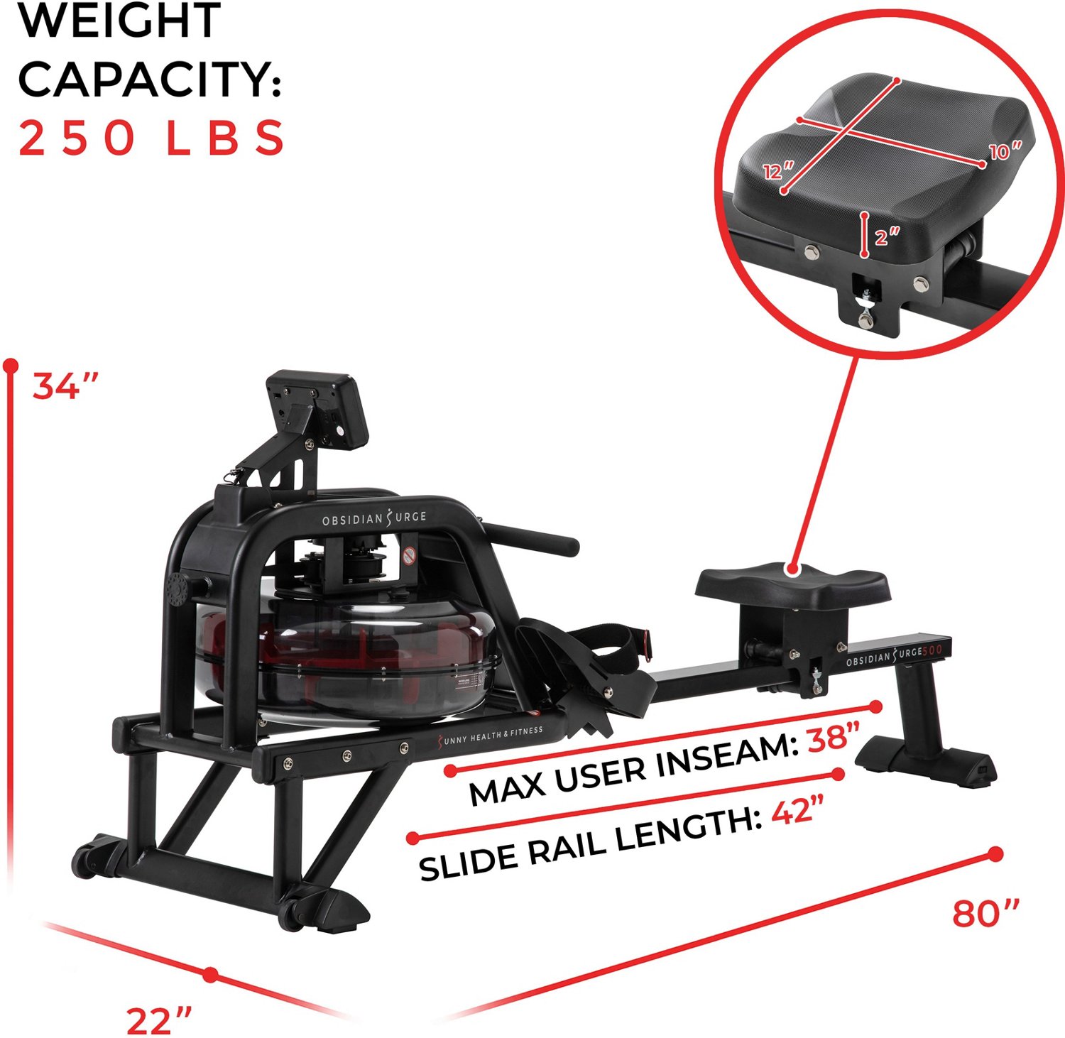 Sunny Health & Fitness Obsidian Surge Water Rowing Machine Academy