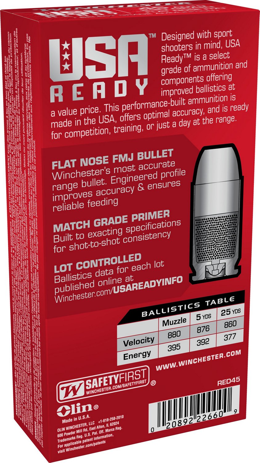 Winchester USA Ready .45 Automatic Handgun Ammunition 50 Rounds Academy