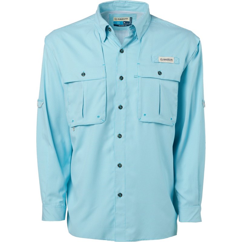 Magellan Outdoors Men's Aransas Pass Mini Check Long Sleeve Fishing Shirt Blue Curacao, X-Large - Men's Fishing Tops at Academy Sports