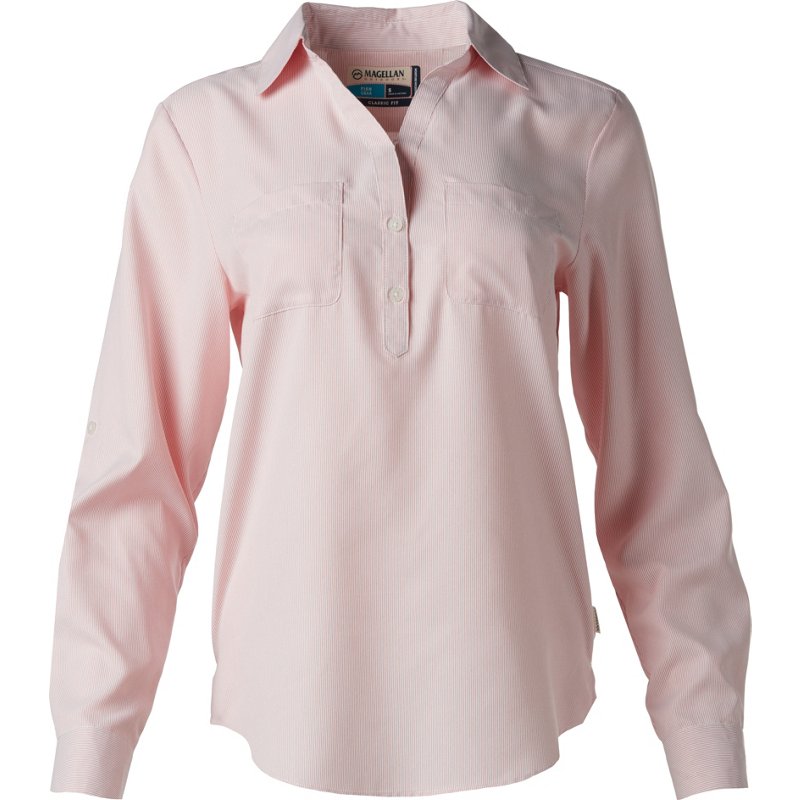 Magellan Outdoors Women's Aransas Pass Long Sleeve Henley Stripe Shirt Sugar Coral Stripe, X-Small - Women's Fishing Tops at Academy Sports