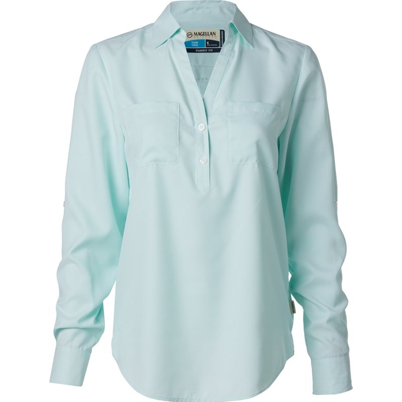 Magellan Outdoors Women's Aransas Pass Long Sleeve Henley Stripe Shirt Beach Glass Stripe, X-Small - Women's Fishing Tops at Academy Sports