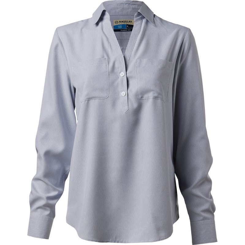 Magellan Outdoors Women's Aransas Pass Long Sleeve Henley Stripe Shirt Blue Stripe, X-Small - Women's Fishing Tops at Academy Sports