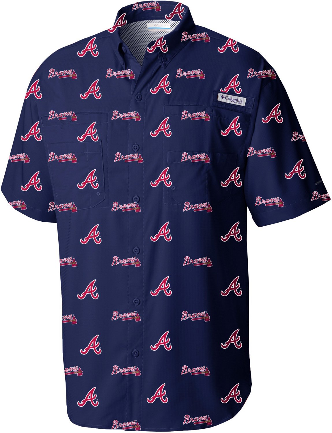 Columbia PFG Men's S Atlanta Braves Blue Red White Short Sleeve Button Up  Shirt