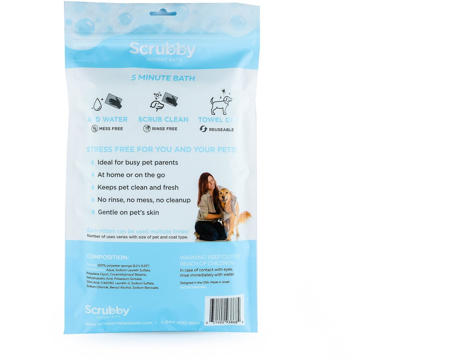 Scrubby Rinse Free Instant Pet Bath Mittens 5Pack Academy