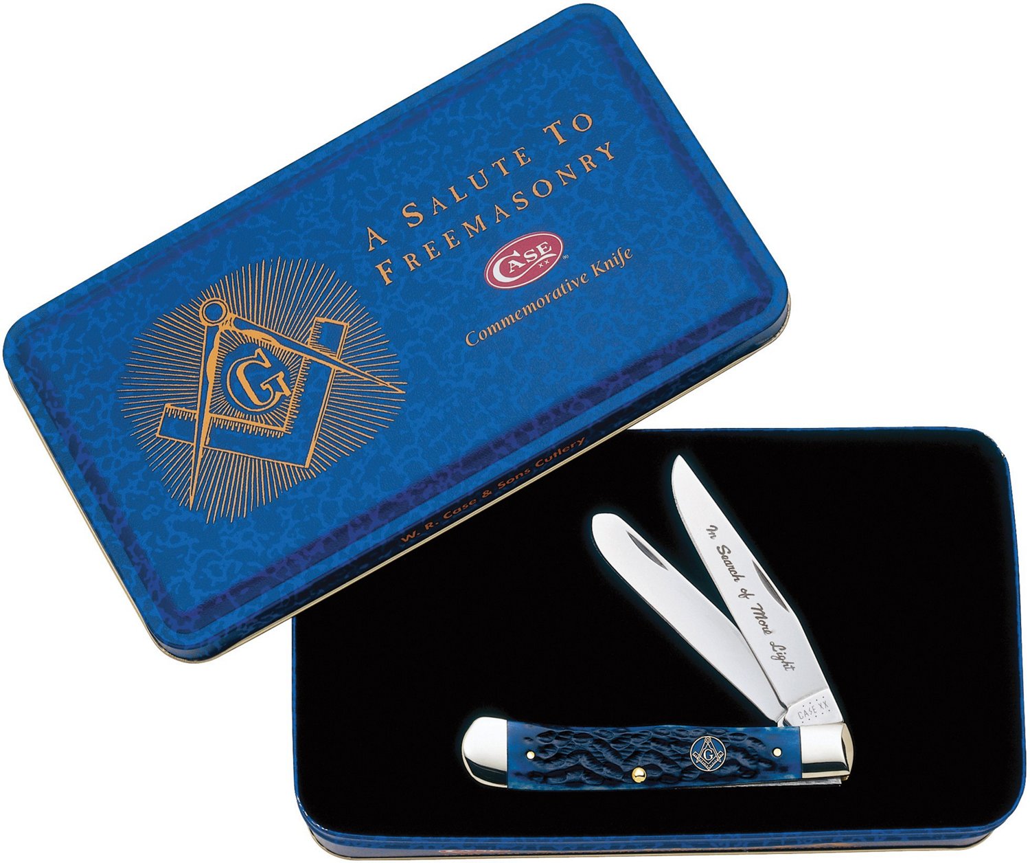 WR Case & Sons Cutlery Co Blue Bone Masonic Gift Tin Trapper