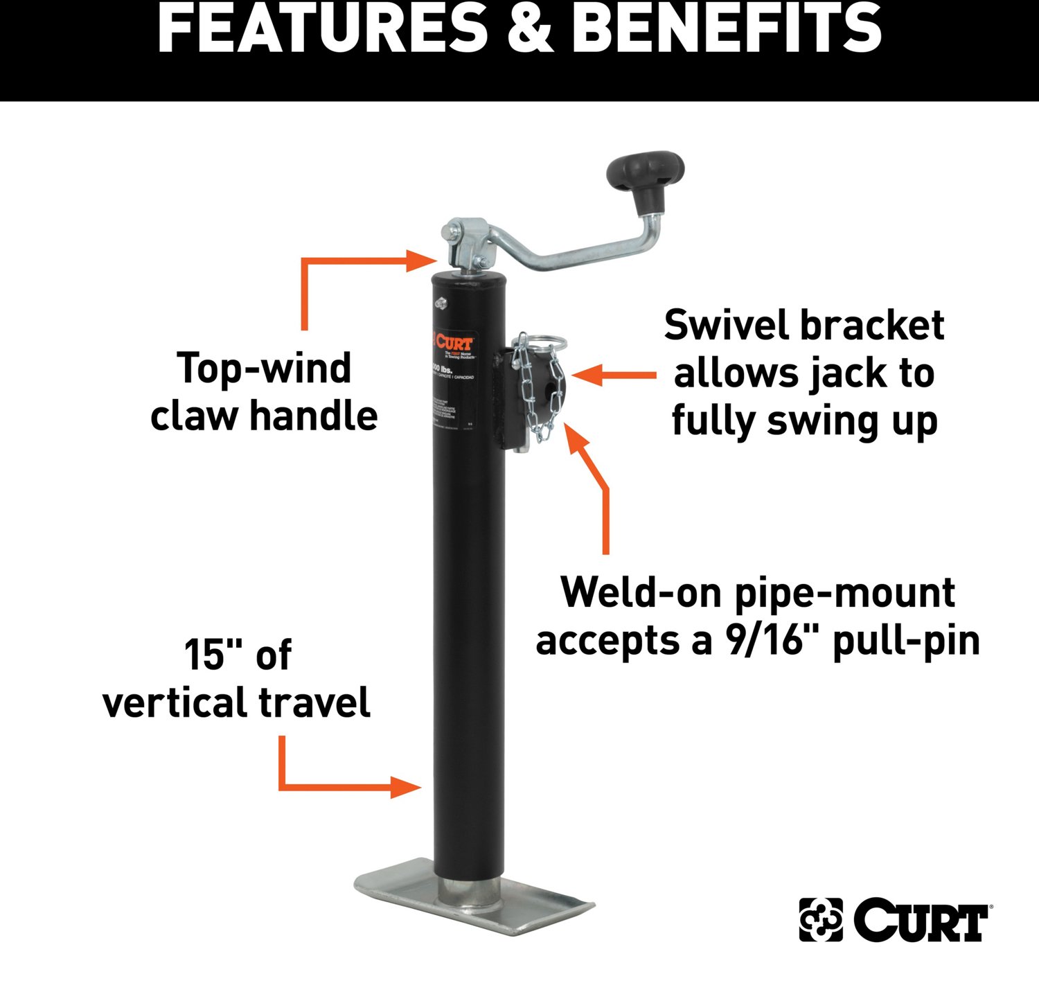 CURT Top Wind 9/16 in Pipe Mount Swivel Jack - view number 3