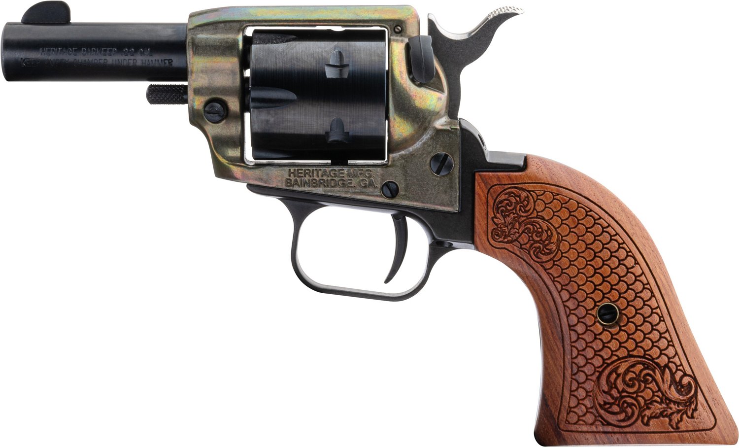 Heritage Barkeep Wood Burn Scroll 22 Lr Rimfire Revolver Academy