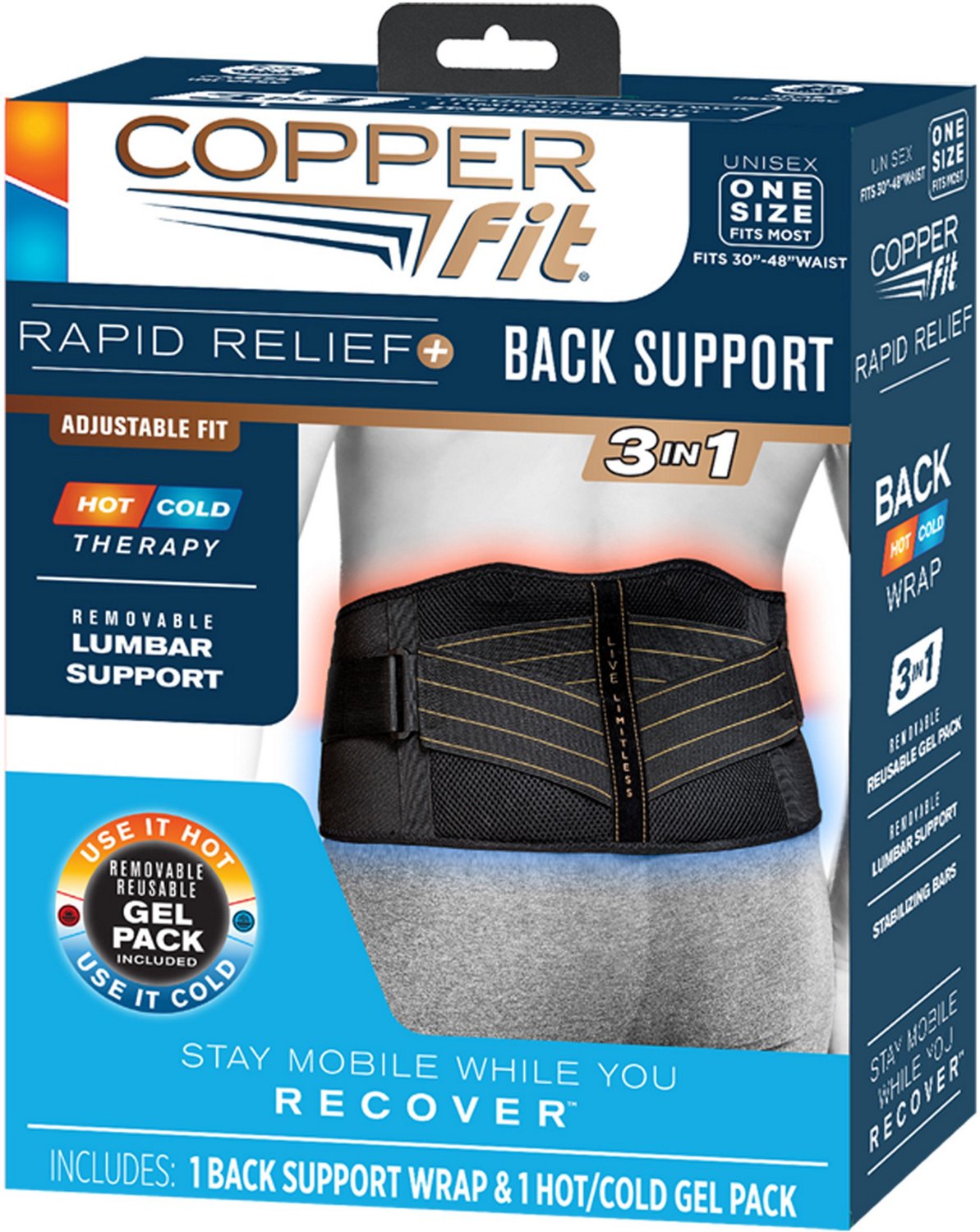 COPPER FIT Rapid Relief One Size Fits Most Copper Infused Adjustable Back  Support Wrap with Gel-Pack in Black CFRRBK1SZ - The Home Depot