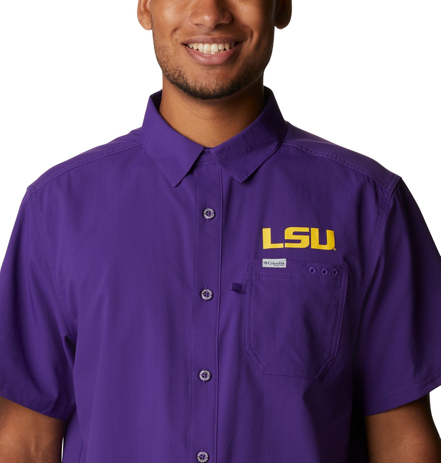 Men's Columbia PFG Purple LSU Tigers Slack Tide Camp Button-Up Shirt