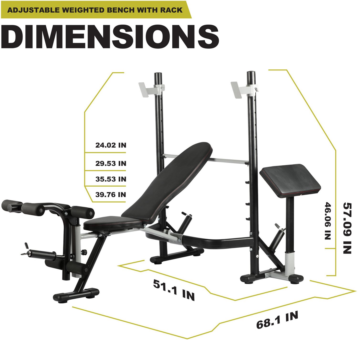 PRCTZ Adjustable Weight Bench with Olympic Squat Rack Arm and Leg Developer and Preacher Pad Academy