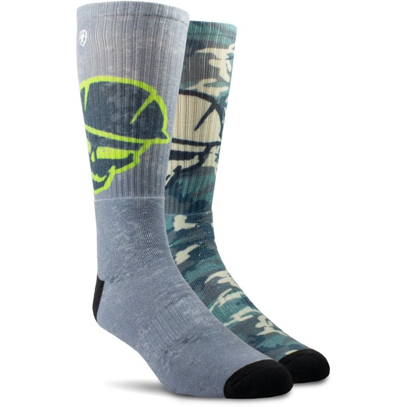 Roughneck Graphic Crew Work Socks 2 Pair Multi Color Pack in Grey Green Polyester/Lycra Spandex, Size: XL Regular by Ariat