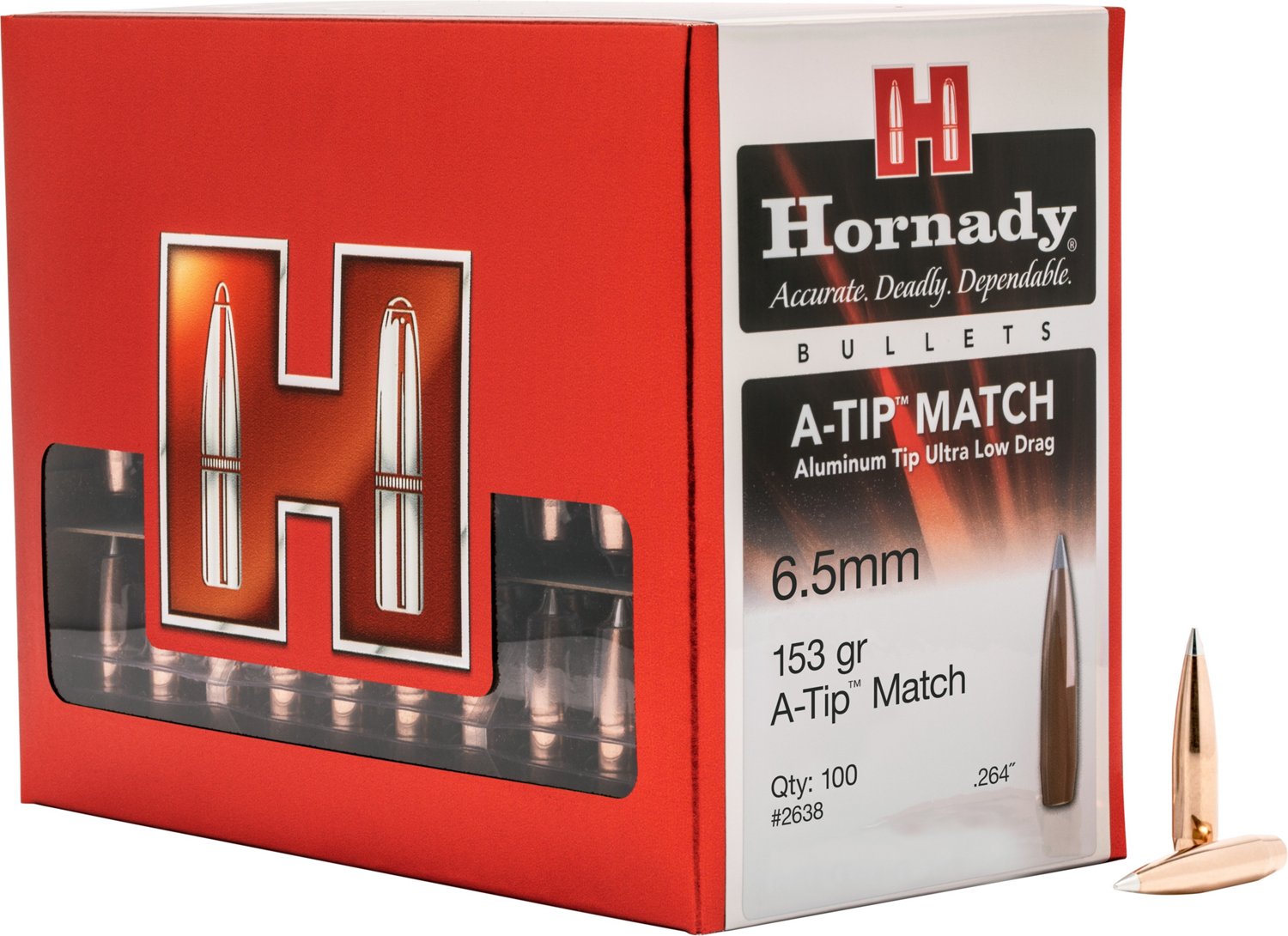Hornady A-Tip Match 6.5 Creedmoor .264 153-Grain Reloading Bullets - 100 Rounds