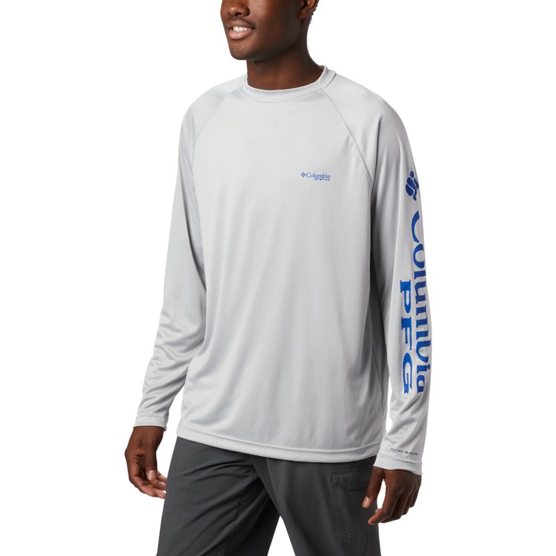 Columbia Sportswear Men's Terminal Tackle Long Sleeve T-Shirt Grey/Vivid Blue Logo, Small - Men's Fishing Tops at Academy Sports