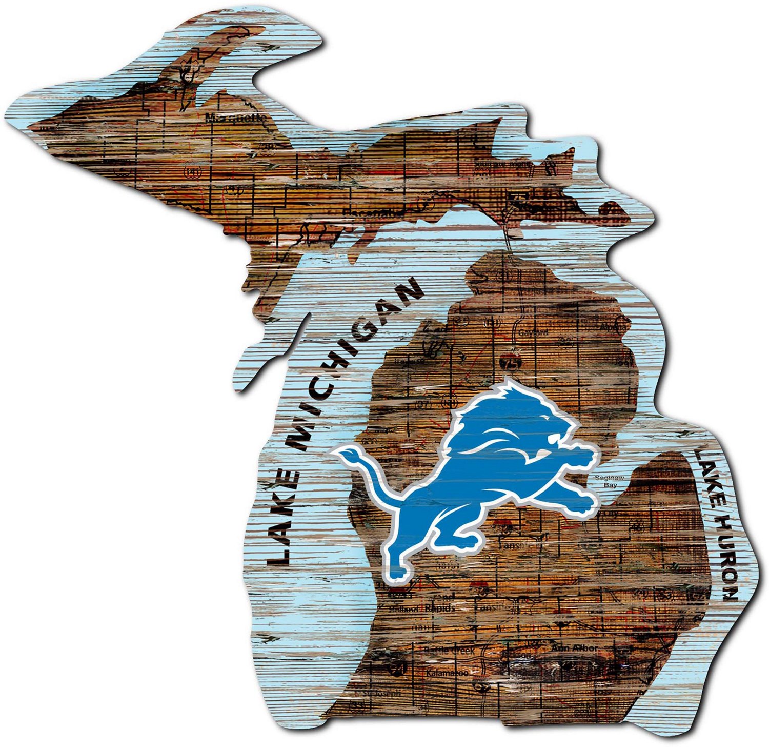 Fan Creations Detroit Lions Logo Distressed State Sign                                                                           - view number 1