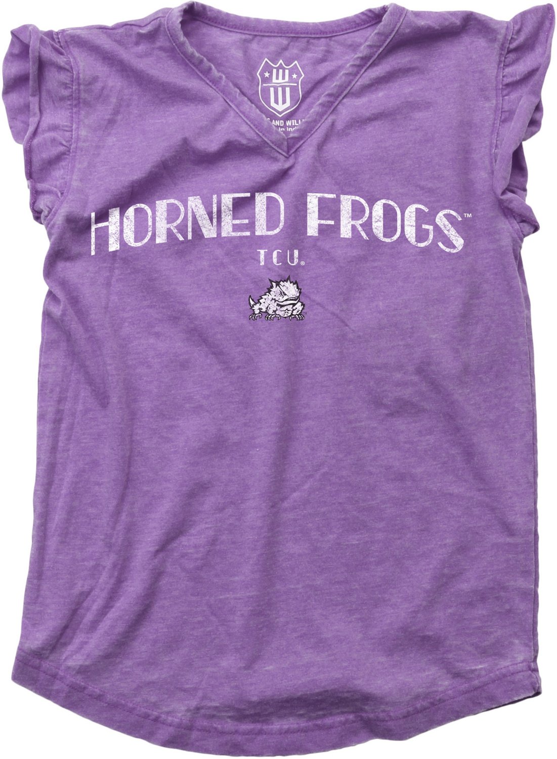 Wes and Willy Girls' Texas Christian University Vintage Arch Burn Out Ruffle T-shirt