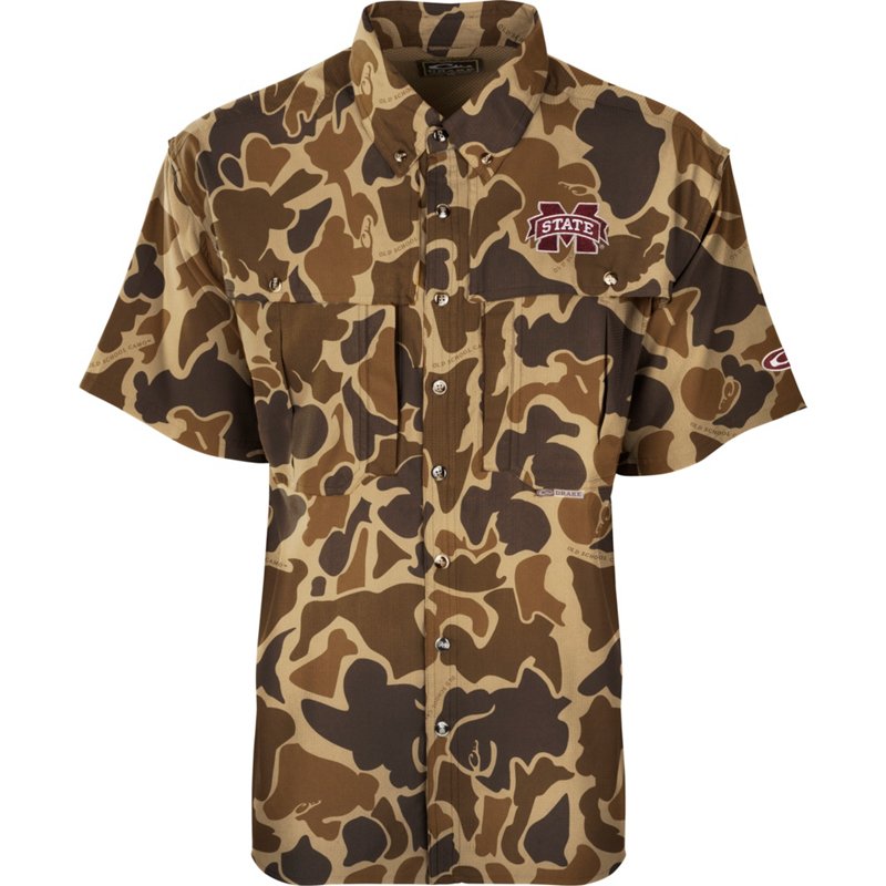 Drake Men's Mississippi State University Old School Camo Flyweight Wingshooter Button Down Shirt