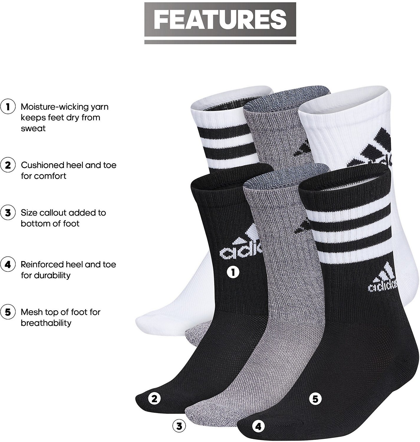 adidas Youth Cushion Mixed Crew Socks 6 Pack                                                                                     - view number 6