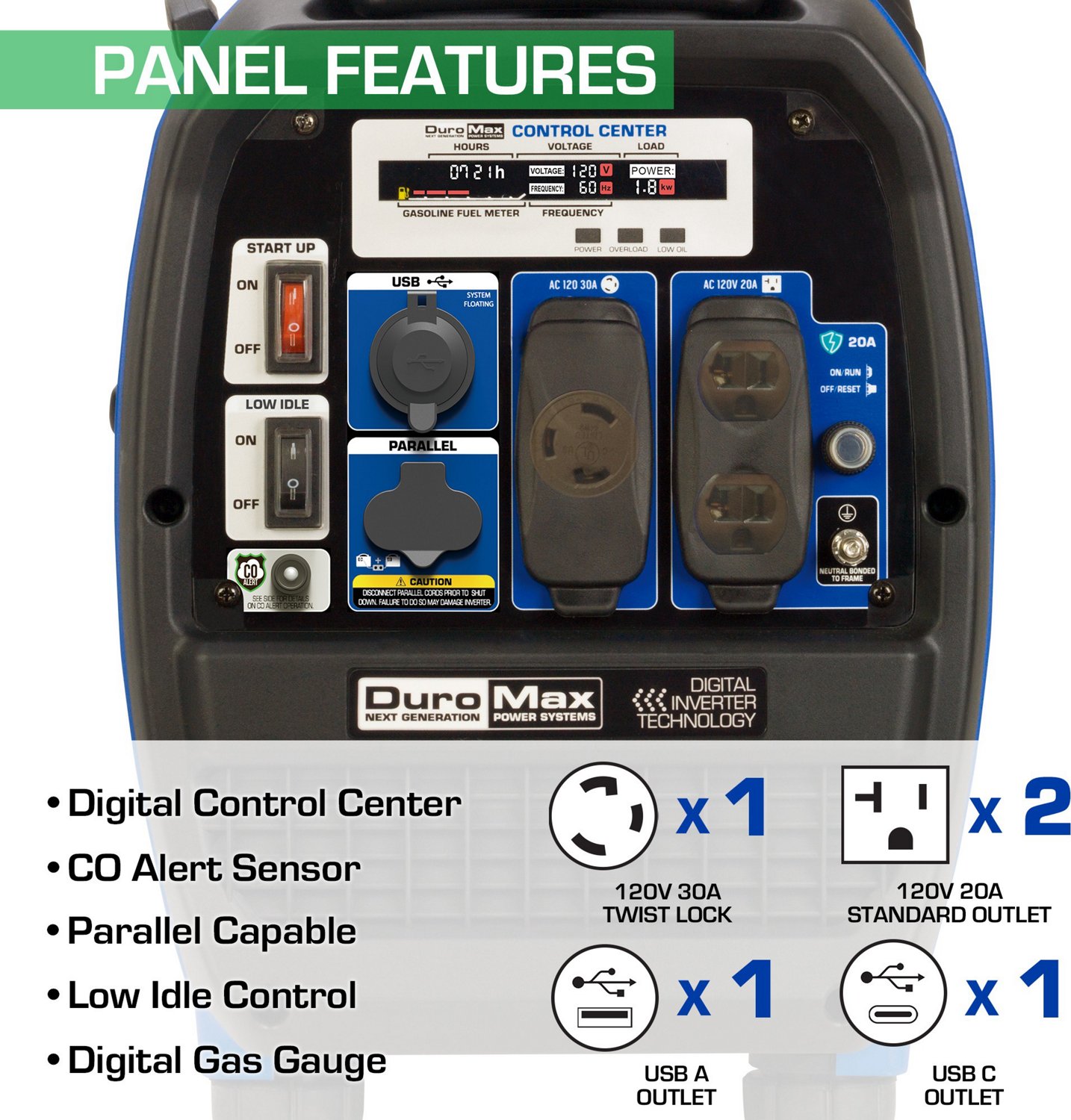 DuroMax 2,300 W 80cc Dual Fuel Digital Inverter Hybrid Portable Generator with CO Alert                                          - view number 2