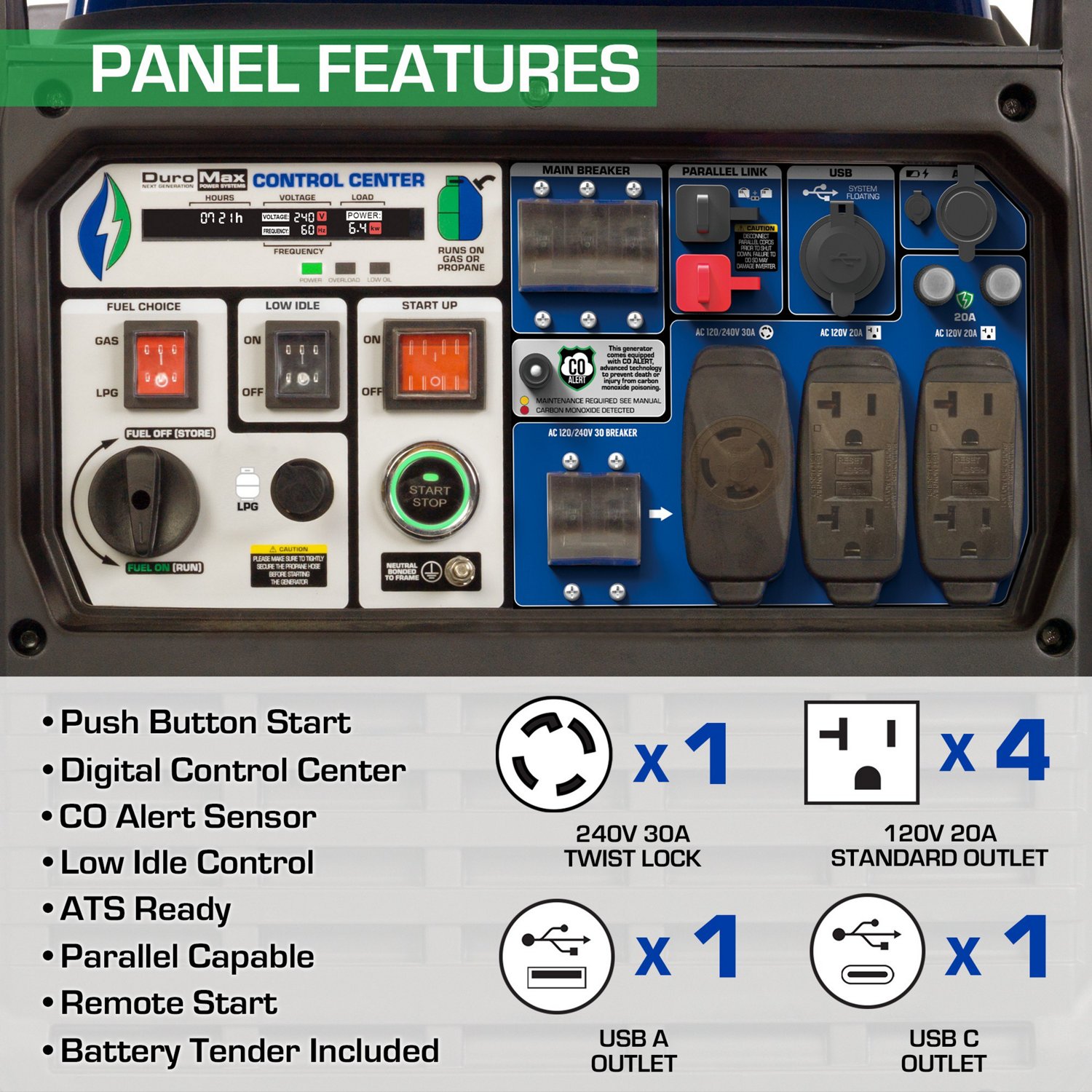 DuroMax 9,000 W 459cc Dual Fuel Digital Inverter Hybrid Portable Generator with CO Alert - view number 2