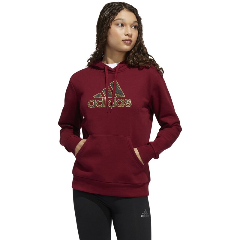 adidas Women’s Badge of Sport Leopard Hoodie Red Dark, Small - Women's Athletic Fleece at Academy Sports product image