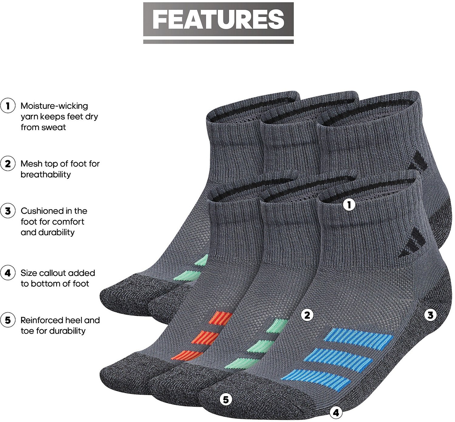adidas Cushioned Angle Stripe Quarter Performance Socks 6 Pack - view number 7