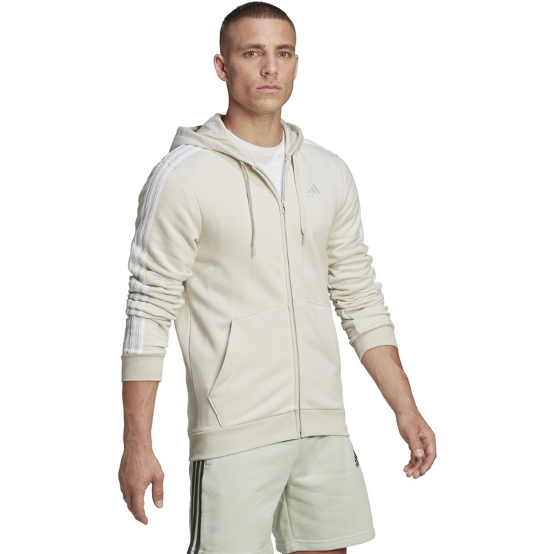 adidas Men's Essentials 3 Stripe Full-Zip Hooded Track Top Beige/Khaki, Small - Men's Athletic Fleece at Academy Sports