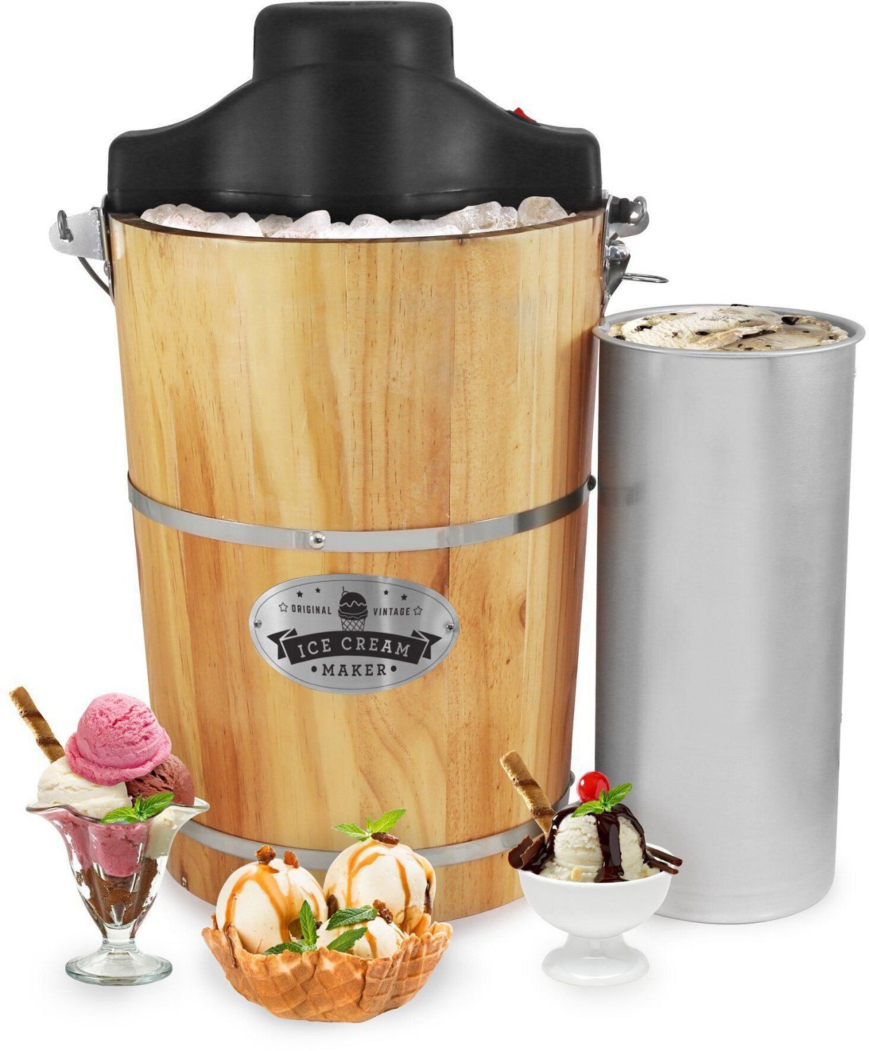 6 Qt. Electric Motorized Old-Fashioned Bucket Ice Cream Maker & Hand Crank