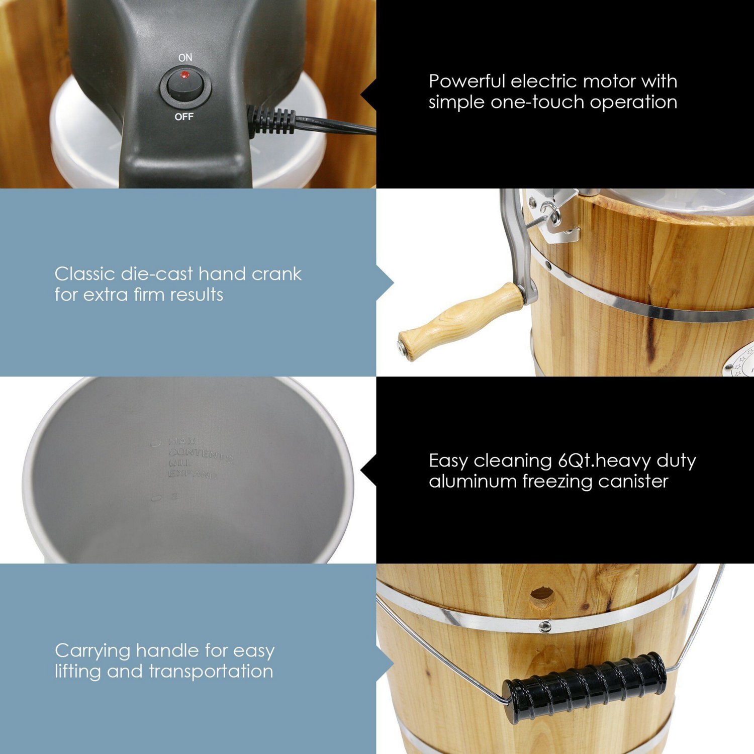 Elite Gourmet 6 qt Electric Motorized Old Fashioned Bucket Ice Cream Maker and Hand Crank                                        - view number 5