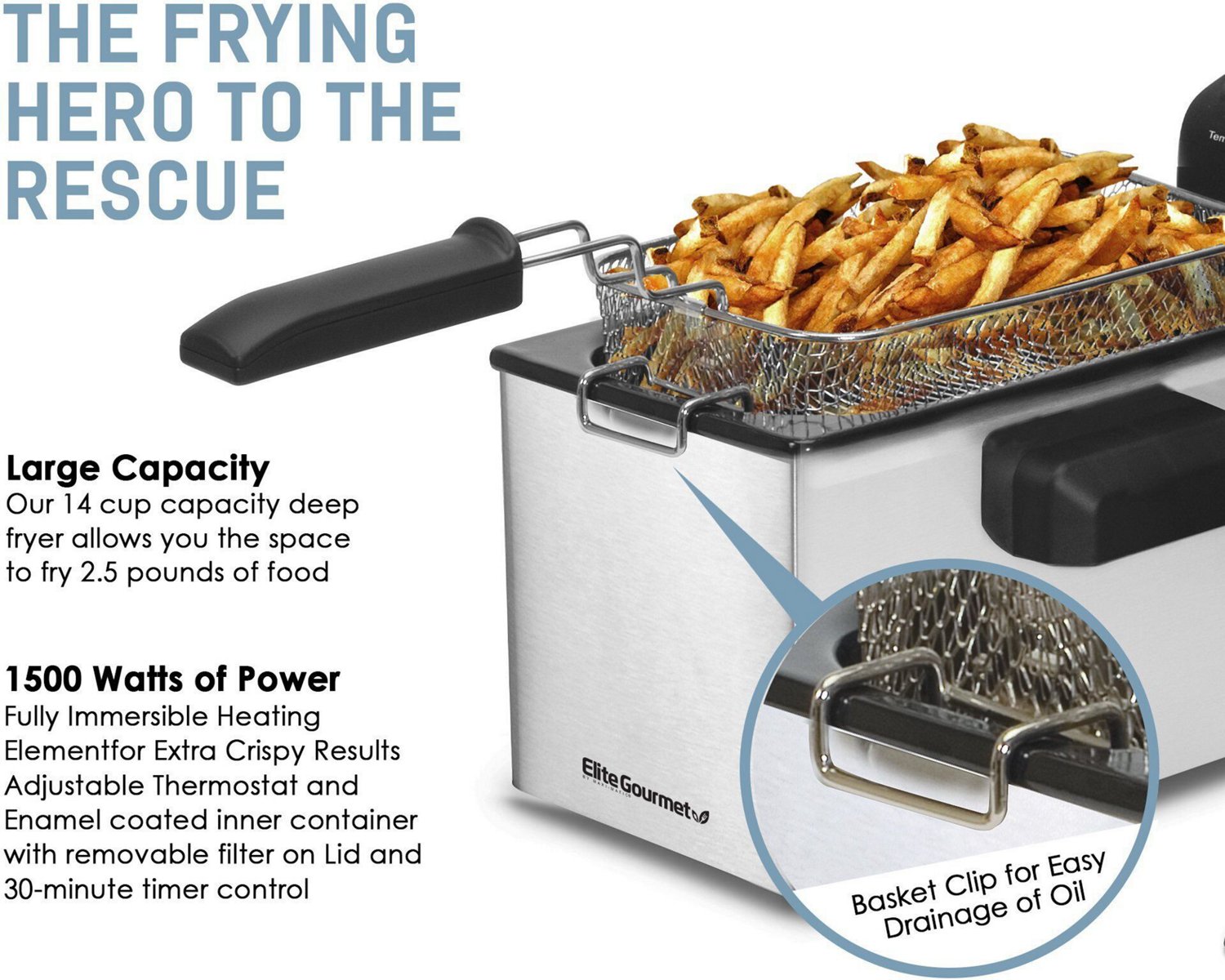 Elite Gourmet 3.5 qt Electric Immersion Deep Fryer with Lid                                                                      - view number 5