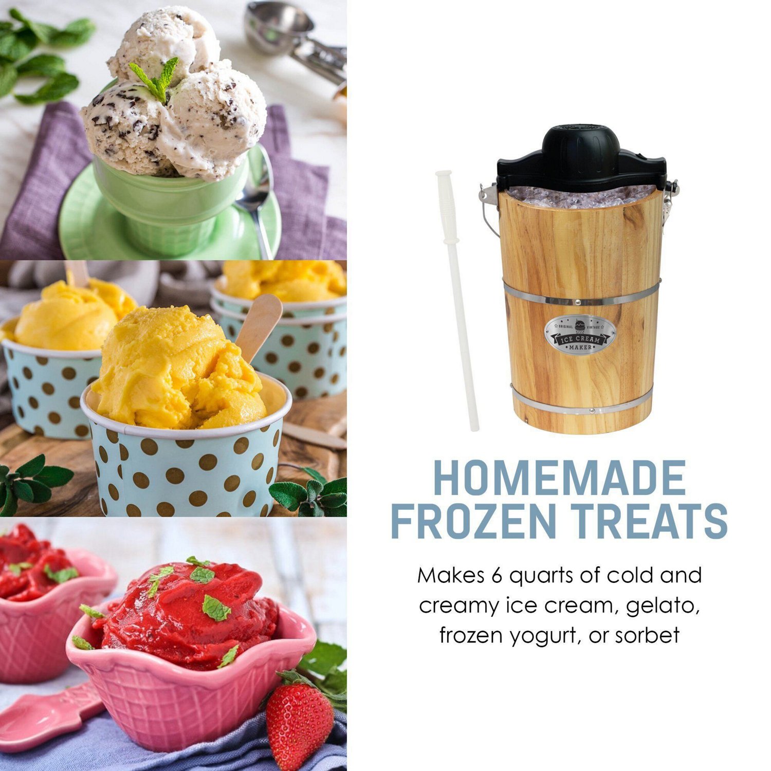 Elite Gourmet 6 qt Electric Motorized Old Fashioned Bucket Ice Cream Maker and Hand Crank                                        - view number 4