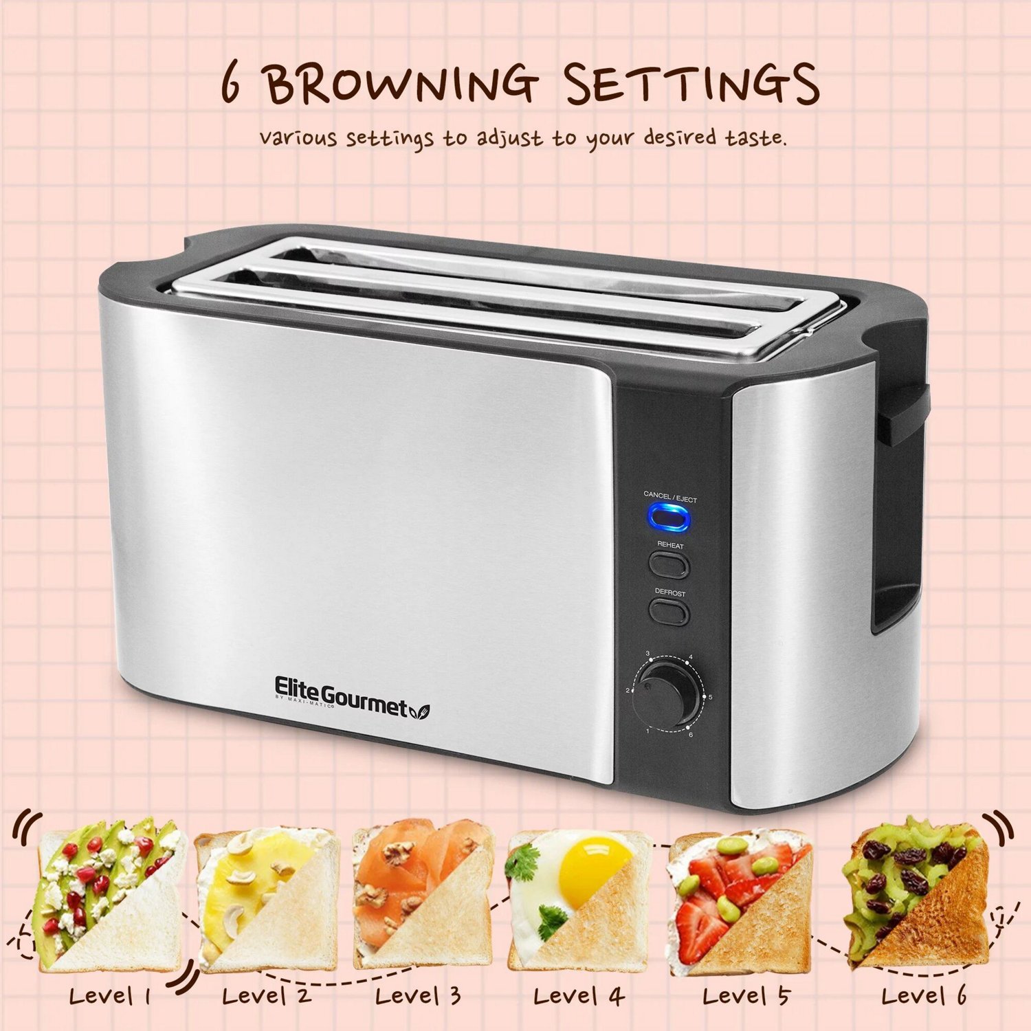 Elite Gourmet 4-Slice Stainless-Steel Long Slot Toaster                                                                          - view number 6
