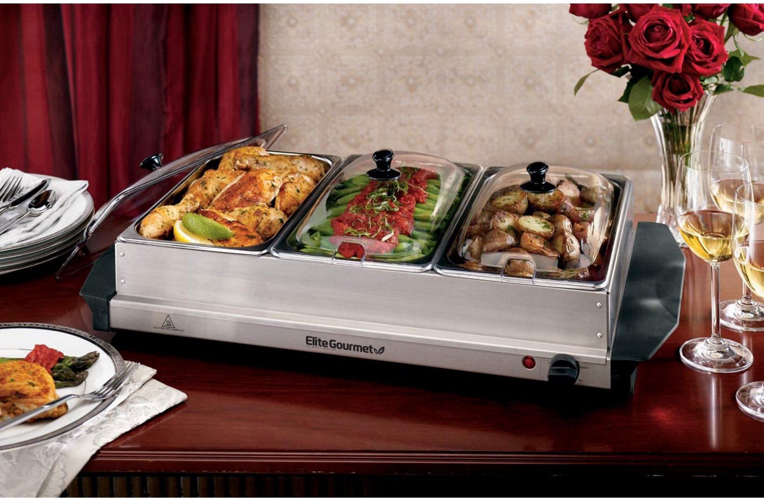 Elite Gourmet 7.5 Qt. Triple Tray Stainless Steel Electric Buffet Server and Food Warmer                                         - view number 6