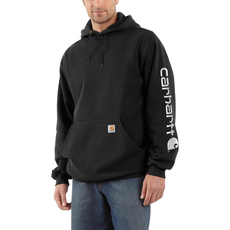 Carhartt Men's Midweight Signature Sleeve Logo Hooded Sweatshirt Black, Small - Men's Longsleeve Work Shirts at Academy Sports