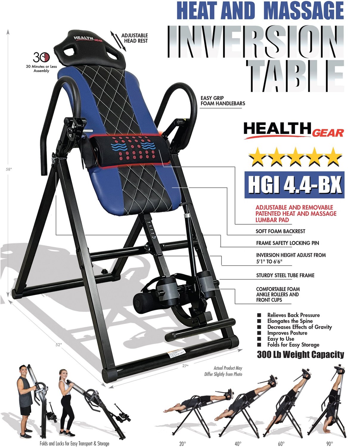 Health Gear Heat Massage Inversion Table Academy
