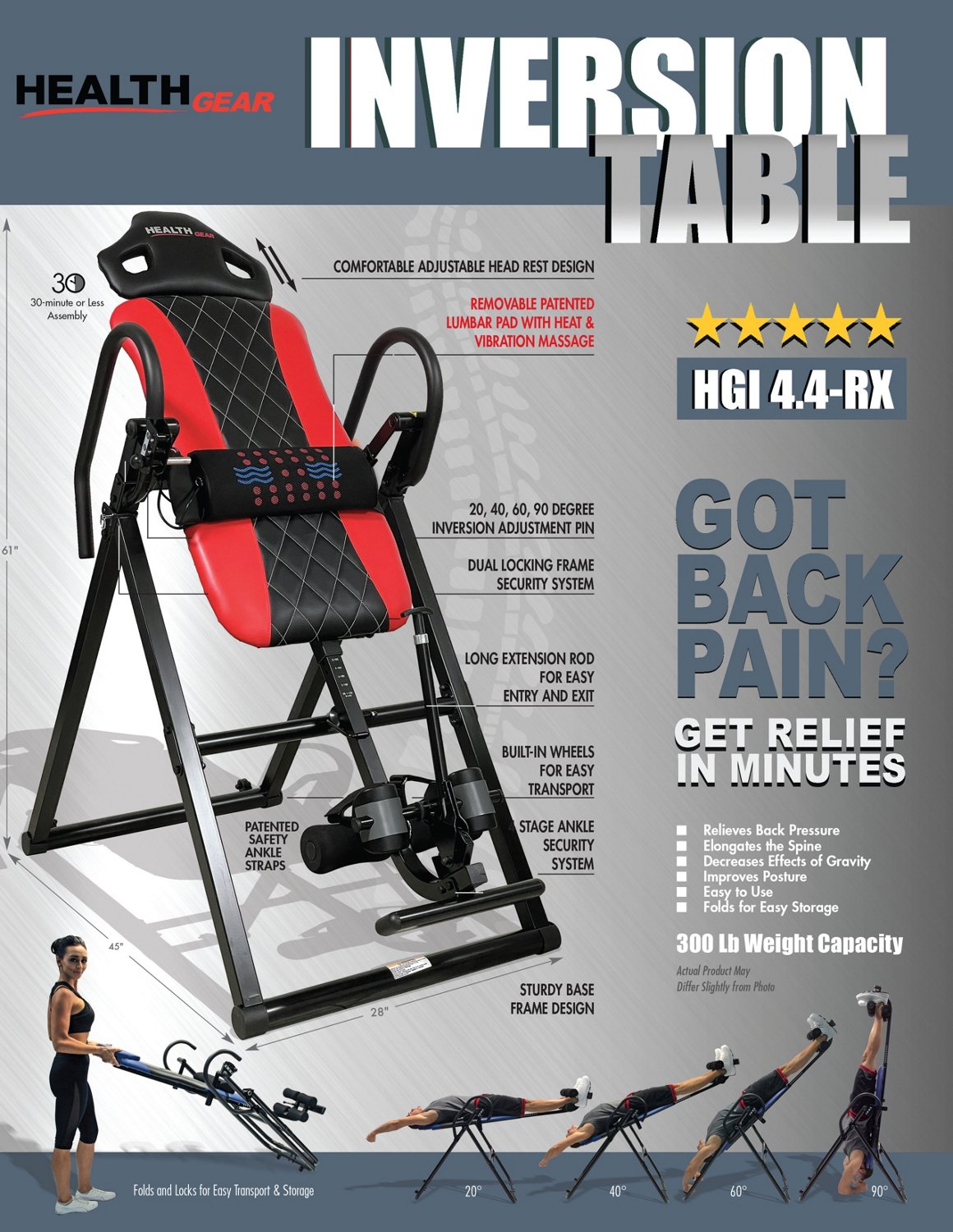 Health Gear Heat Massage Inversion Table Academy