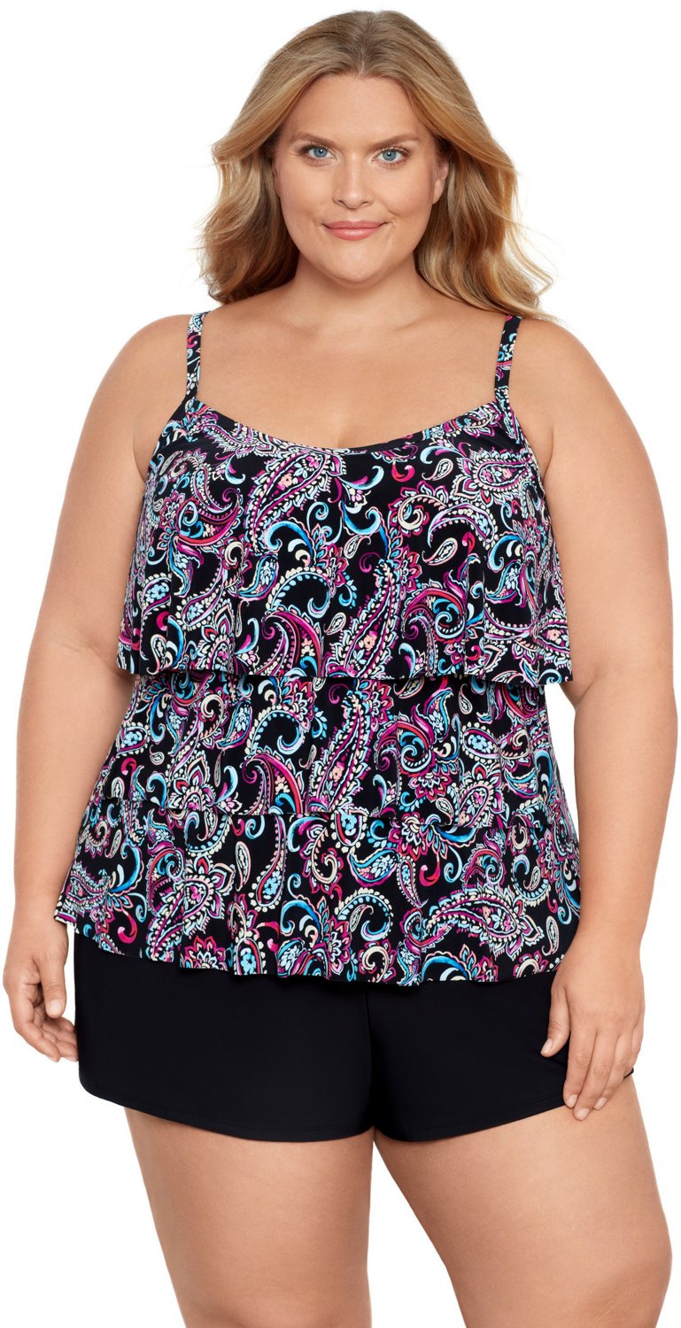 Coastal Cove Women's Paisley Triple Tier Plus Size Tankini Top Academy