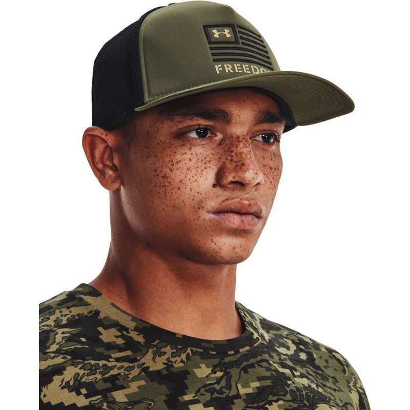 Under Armour Men's Freedom Trucker Cap Marine Od Green/Black/Desert Sand - Men's Hunting/Fishing Headwear at Academy Sports