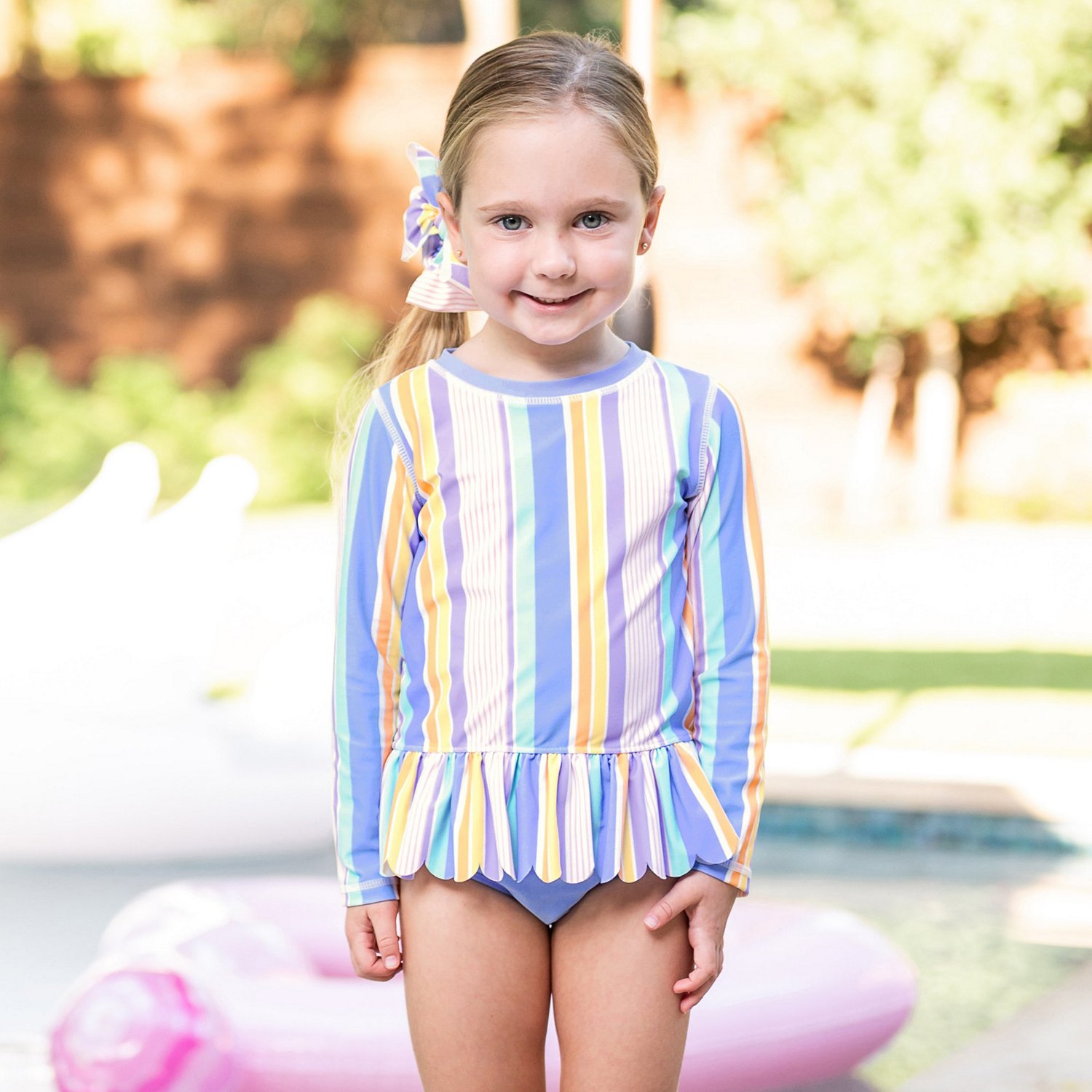 RuffleButts Girls' Rainbow Lane Scalloped Long Sleeve Rash Guard 2-Piece Set