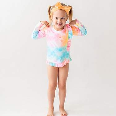 RuffleButts Toddler Girls' Rainbow Tie-Dye Ruffled Long Sleeve Rash Guard 2-Piece Set                                           