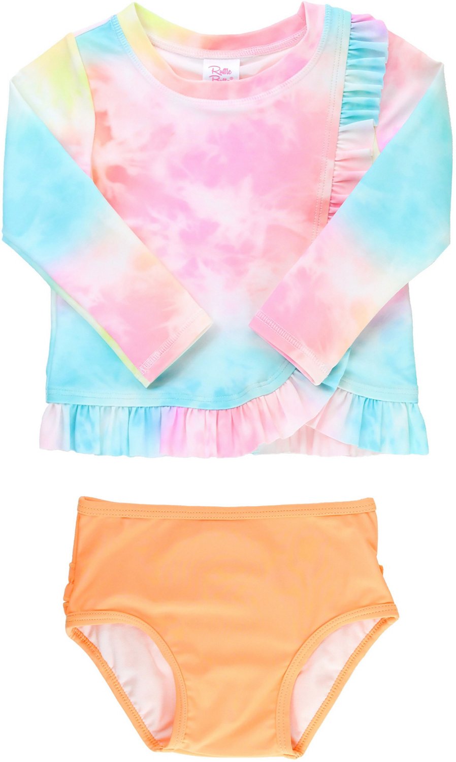 RuffleButts Girls' (4-7) Rainbow Tie-Dye Ruffled Long Sleeve Rash Guard 2-Piece Set - view number 3