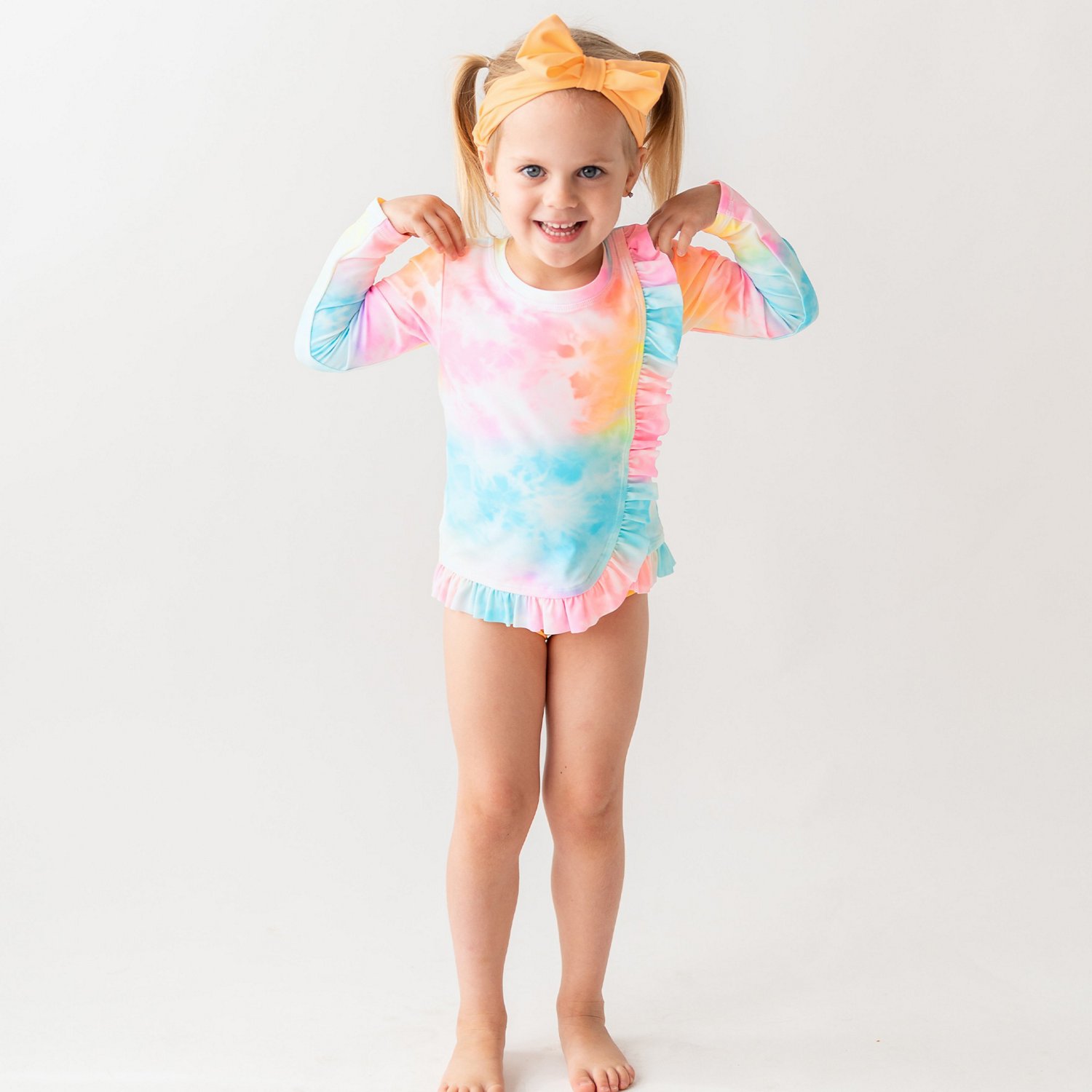 RuffleButts Girls' (4-7) Rainbow Tie-Dye Ruffled Long Sleeve Rash Guard 2-Piece Set