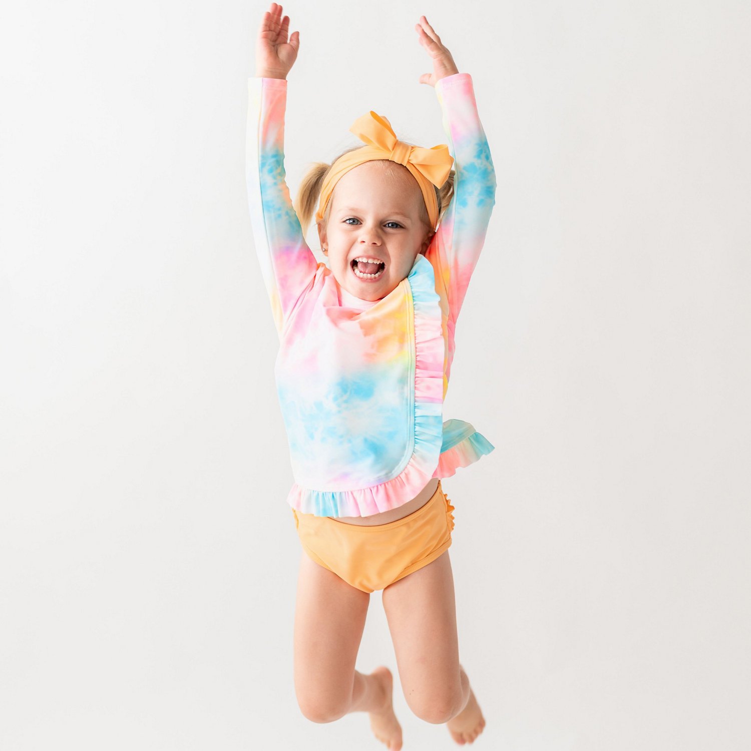 RuffleButts Girls' (4-7) Rainbow Tie-Dye Ruffled Long Sleeve Rash Guard 2-Piece Set - view number 2