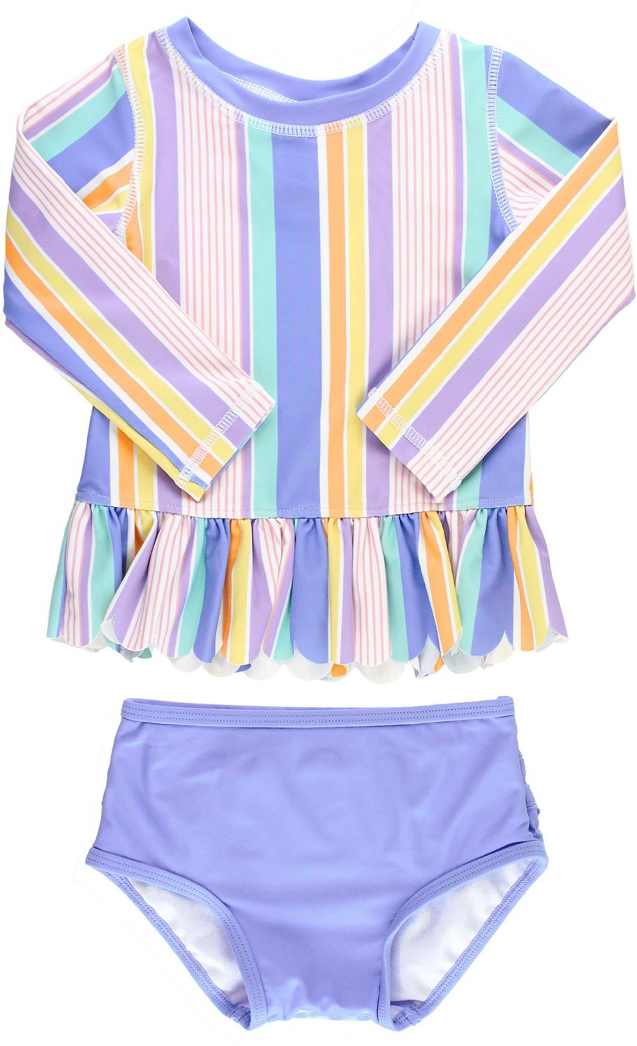 RuffleButts Girls' Rainbow Lane Scalloped Long Sleeve Rash Guard 2-Piece Set - view number 2