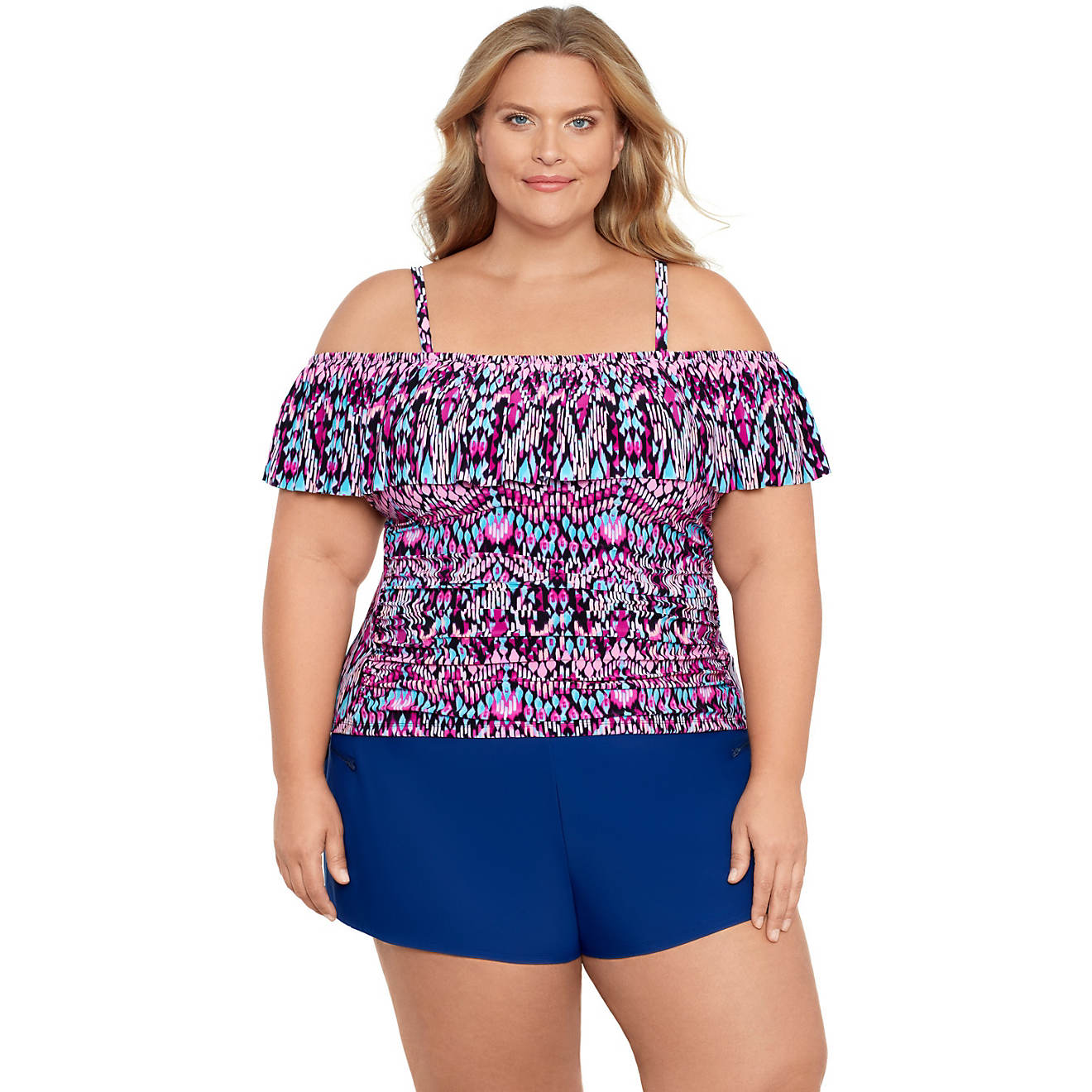 Coastal Cove Women's Tribal Cold Shoulder Plus Size Tankini Top                                                                  - view number 1