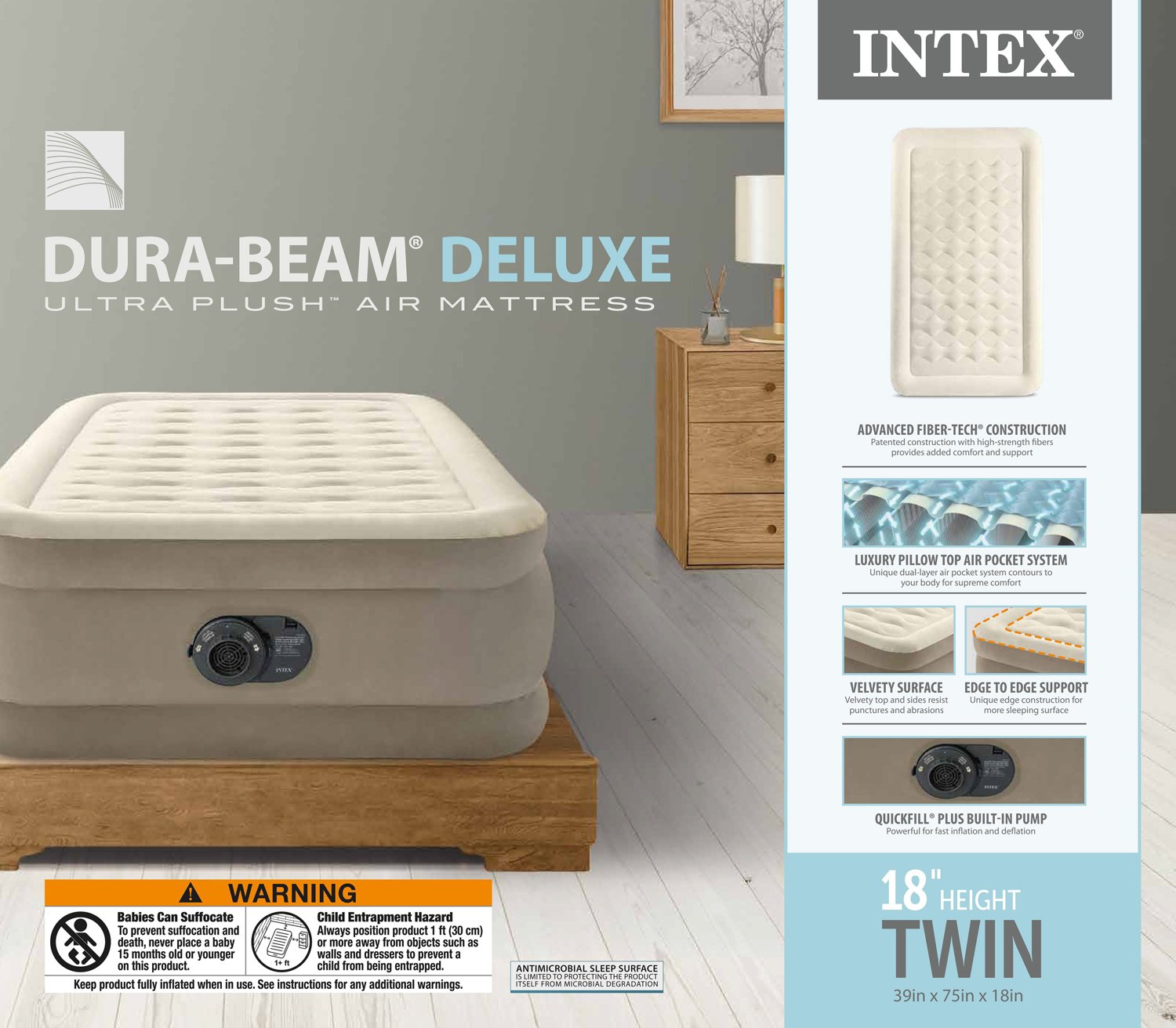 Intex Dura-Beam Deluxe Ultra Plush 18 in Twin Air Mattress                                                                       - view number 5