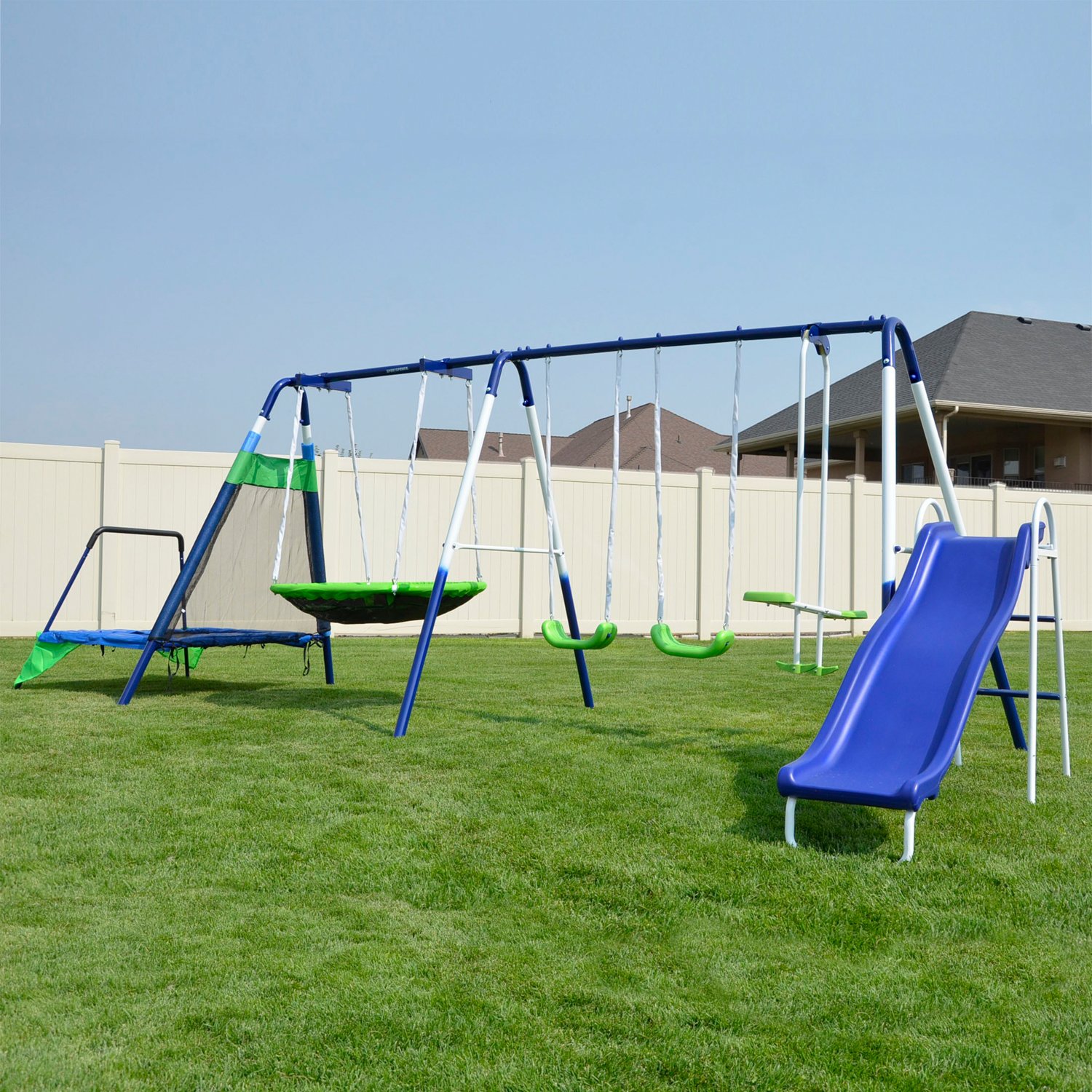 Swing set with slide and trampoline online