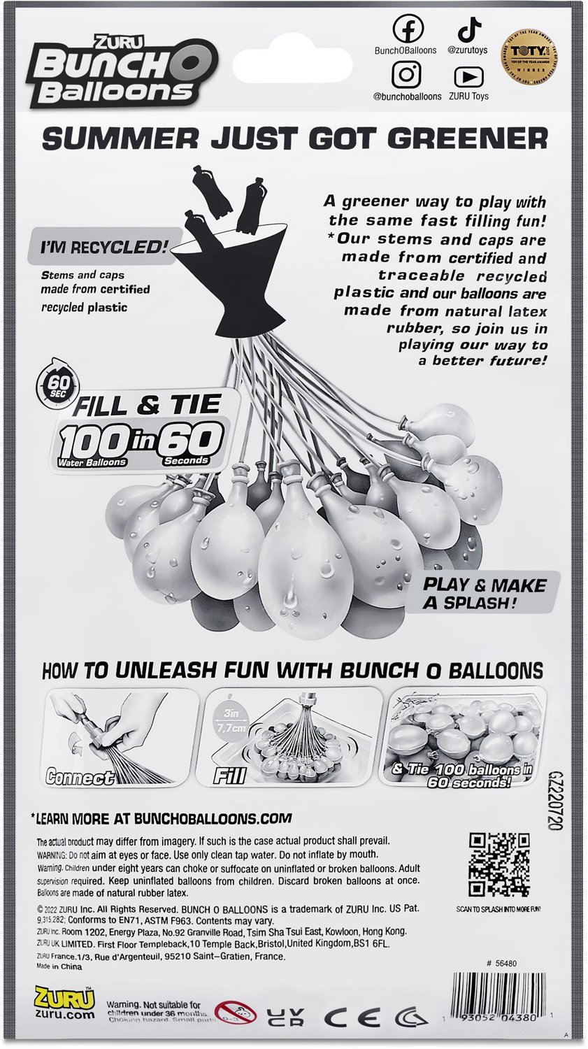 Bunch O Balloons - Pack Fête Tropicale (8 Grappes, 265 Bombes à Eau) - Remplissage Automatique En 60 Secondes, Sans Nœud - Jeu D'eau Extérieur Pour Enfants